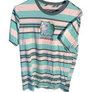Pokemon Bulbasaur Striped T-Shirt Green Unisex M Short Sleeve Crew Neck